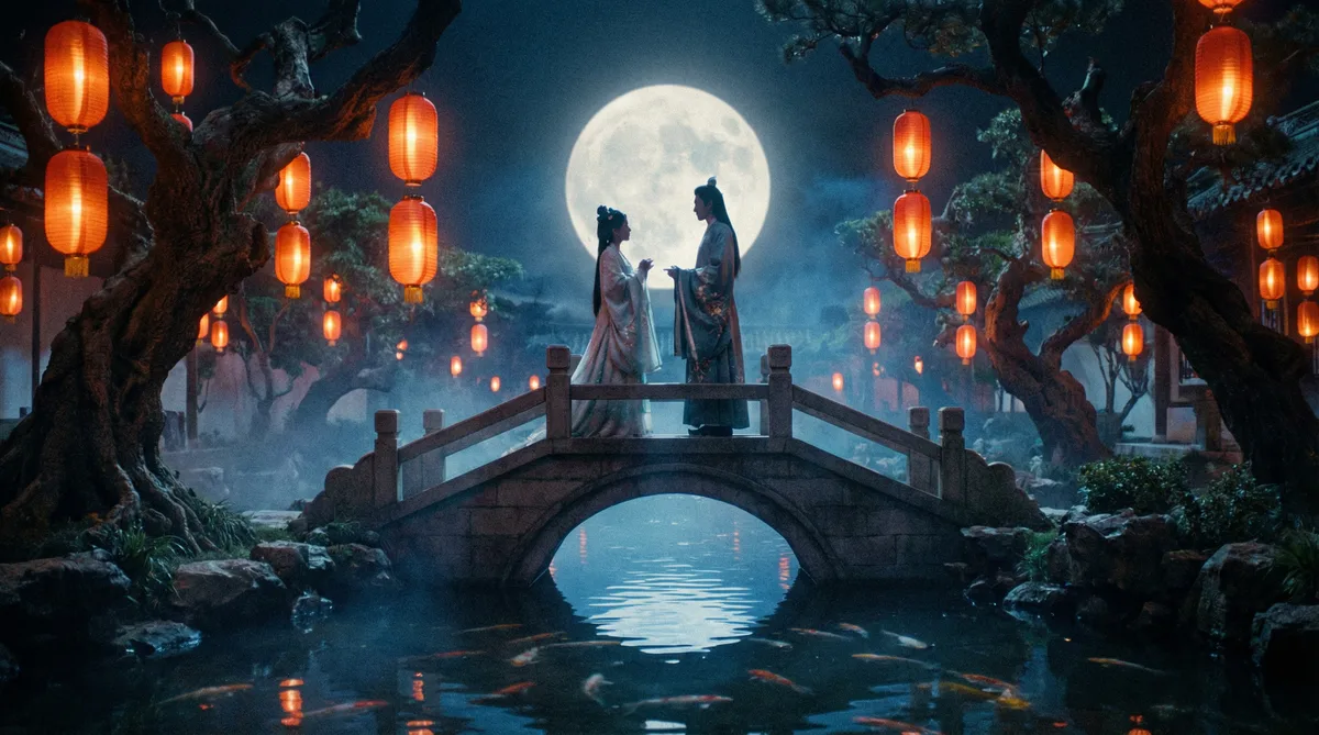 91古典爱情片拍摄剧照-月下花园场景