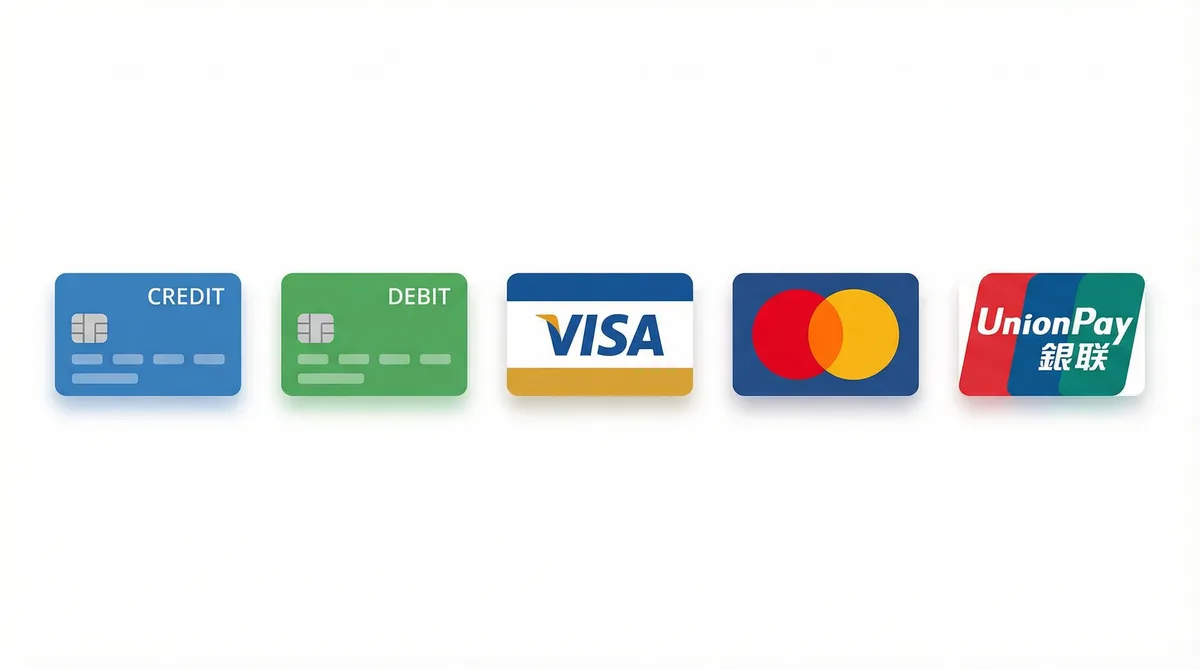 91支持的支付方式图标-信用卡借记卡银联维萨万事达